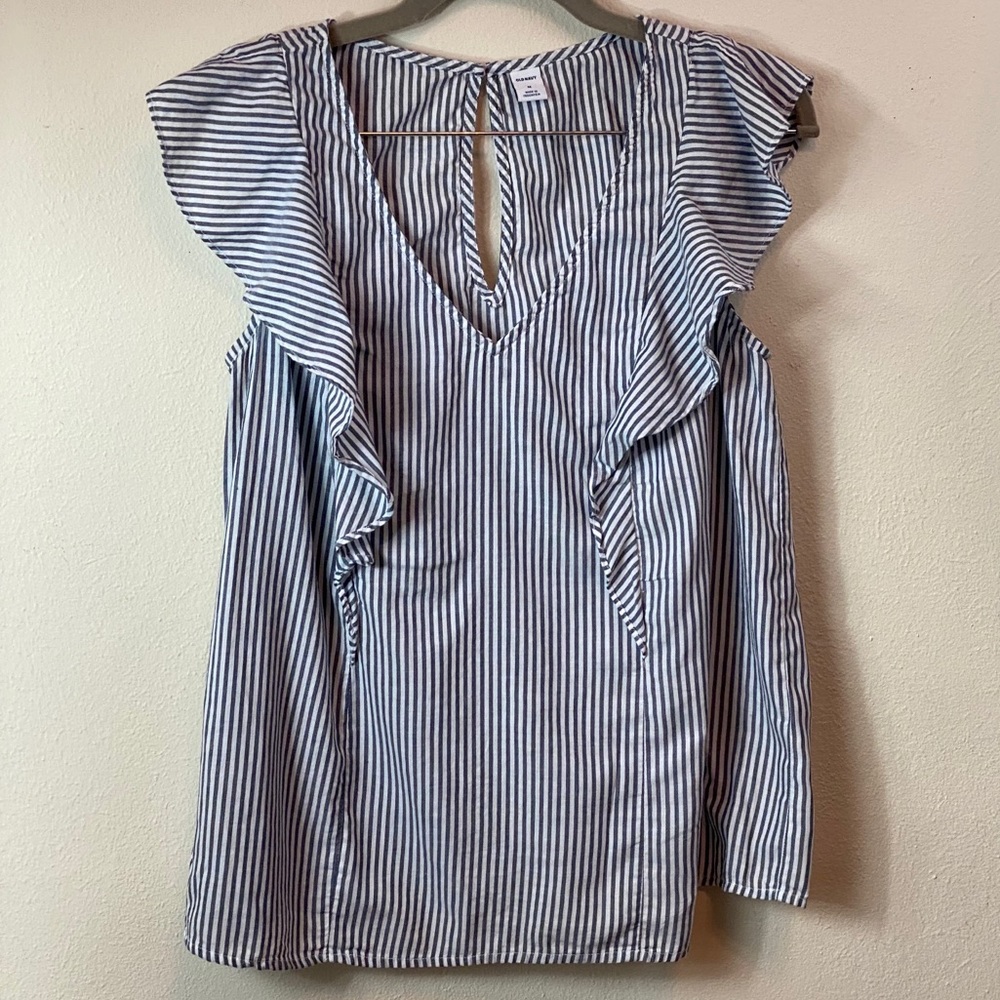 Blue and White Sleeveless Ruffle Blouse